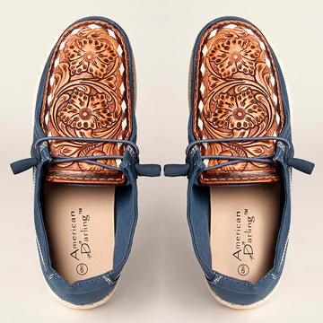 LC-ADFT133NV4 Women's Blue Canvas Loafers with Tan Tooled Leather - American Darling Slip-On Flats